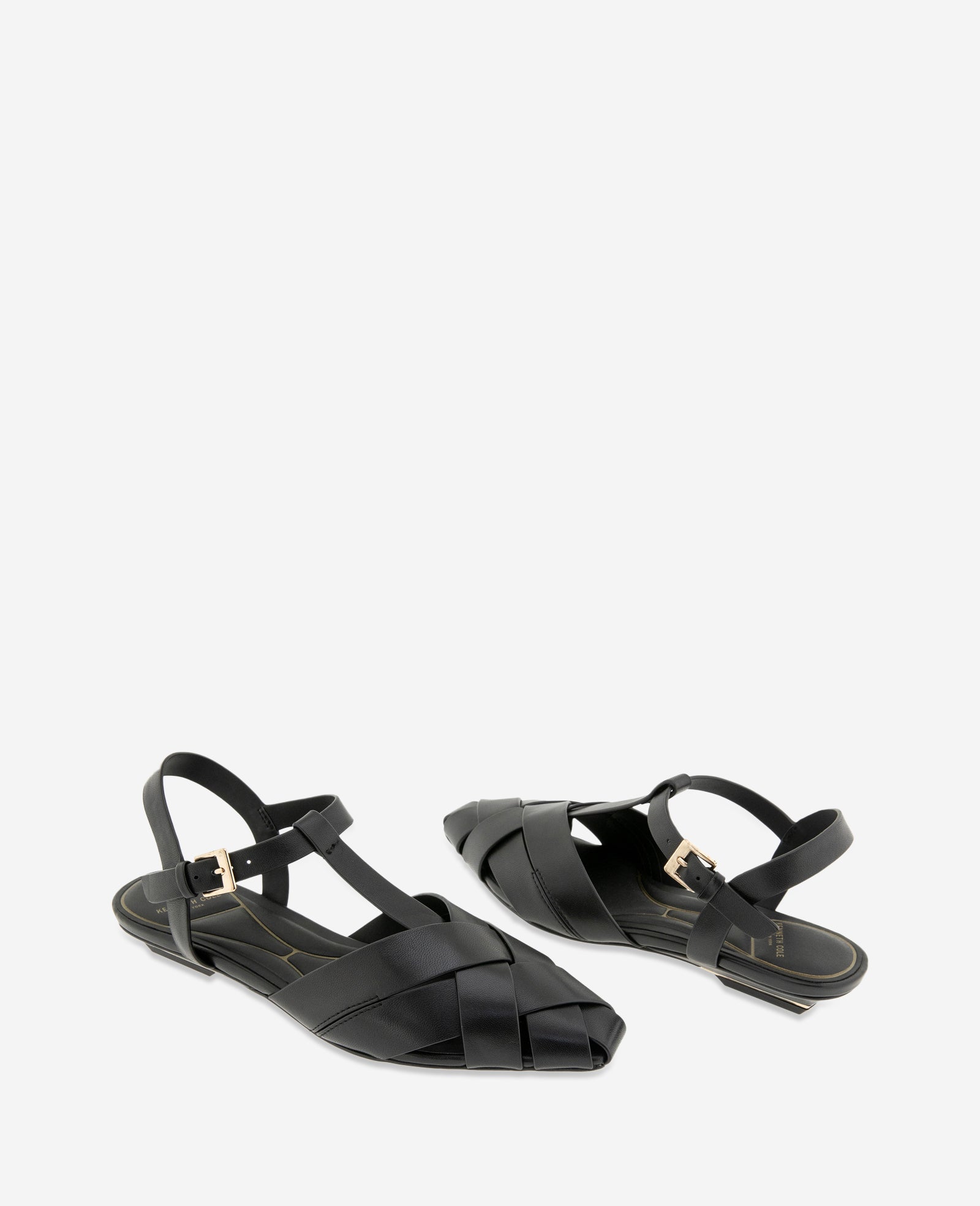 Kenneth Cole Bindy Woven Leather T-Strap Sandals Black Leather