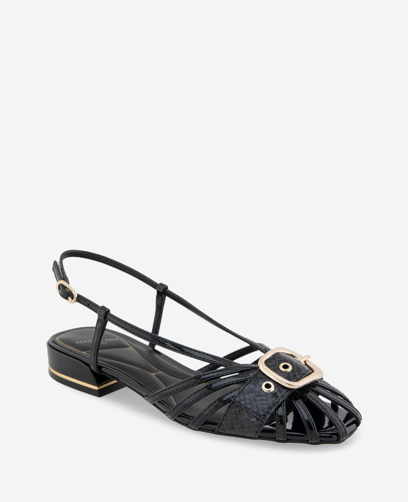 Kenneth Cole Farrah Patent Caged In Buckle Sandals Black Patent