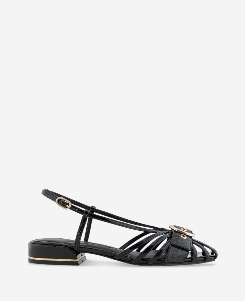 Kenneth Cole Farrah Patent Caged In Buckle Sandals Black Patent