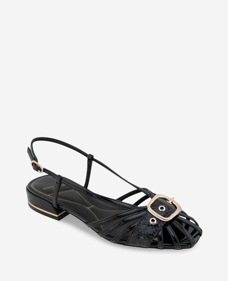 Kenneth Cole Farrah Patent Caged In Buckle Sandals Black Patent
