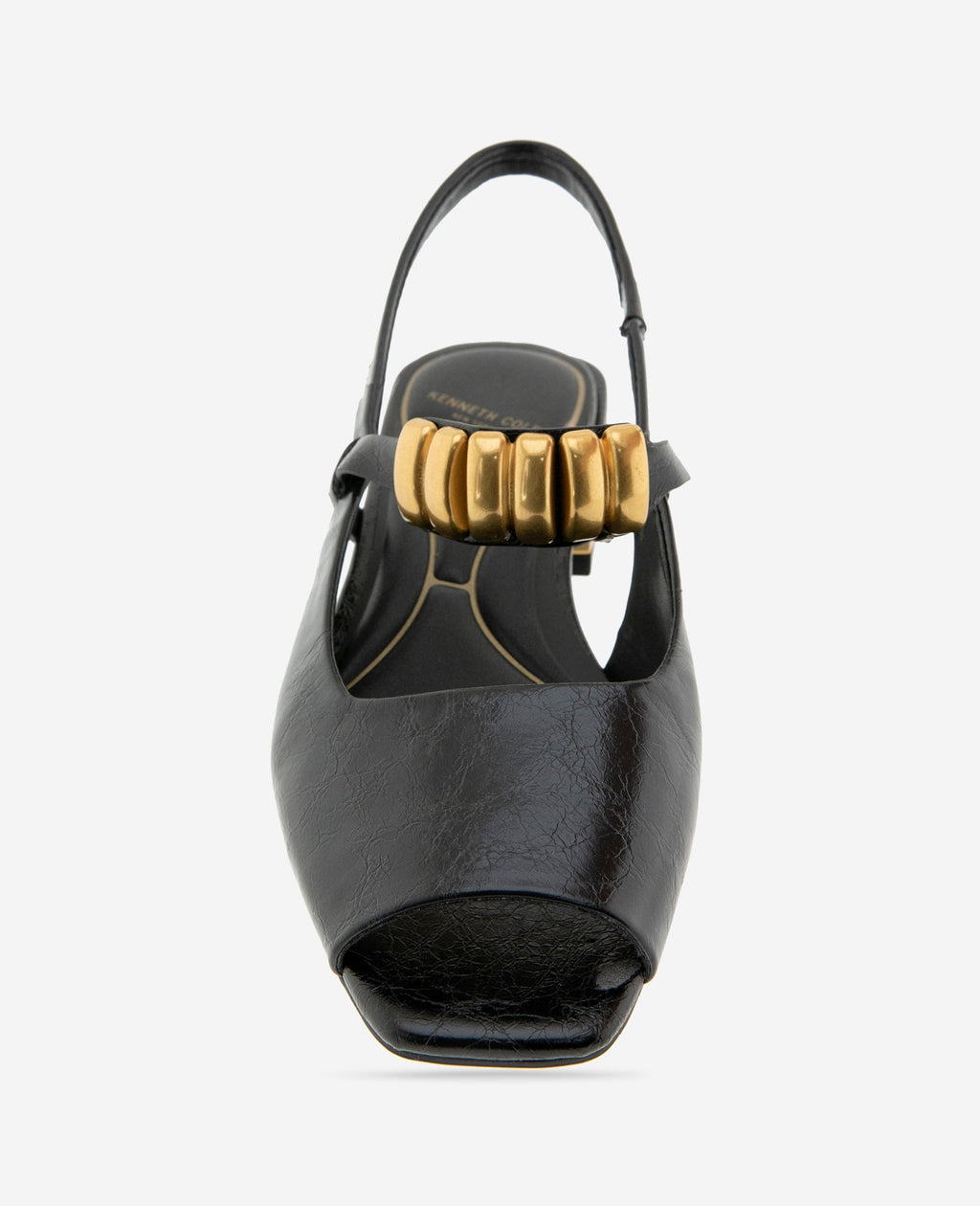 Kenneth Cole Illia Patent Open Toe Hardware Flat Slingbacks Black Patent