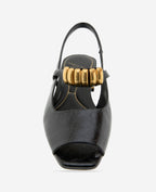 Kenneth Cole Illia Patent Open Toe Hardware Flat Slingbacks Black Patent