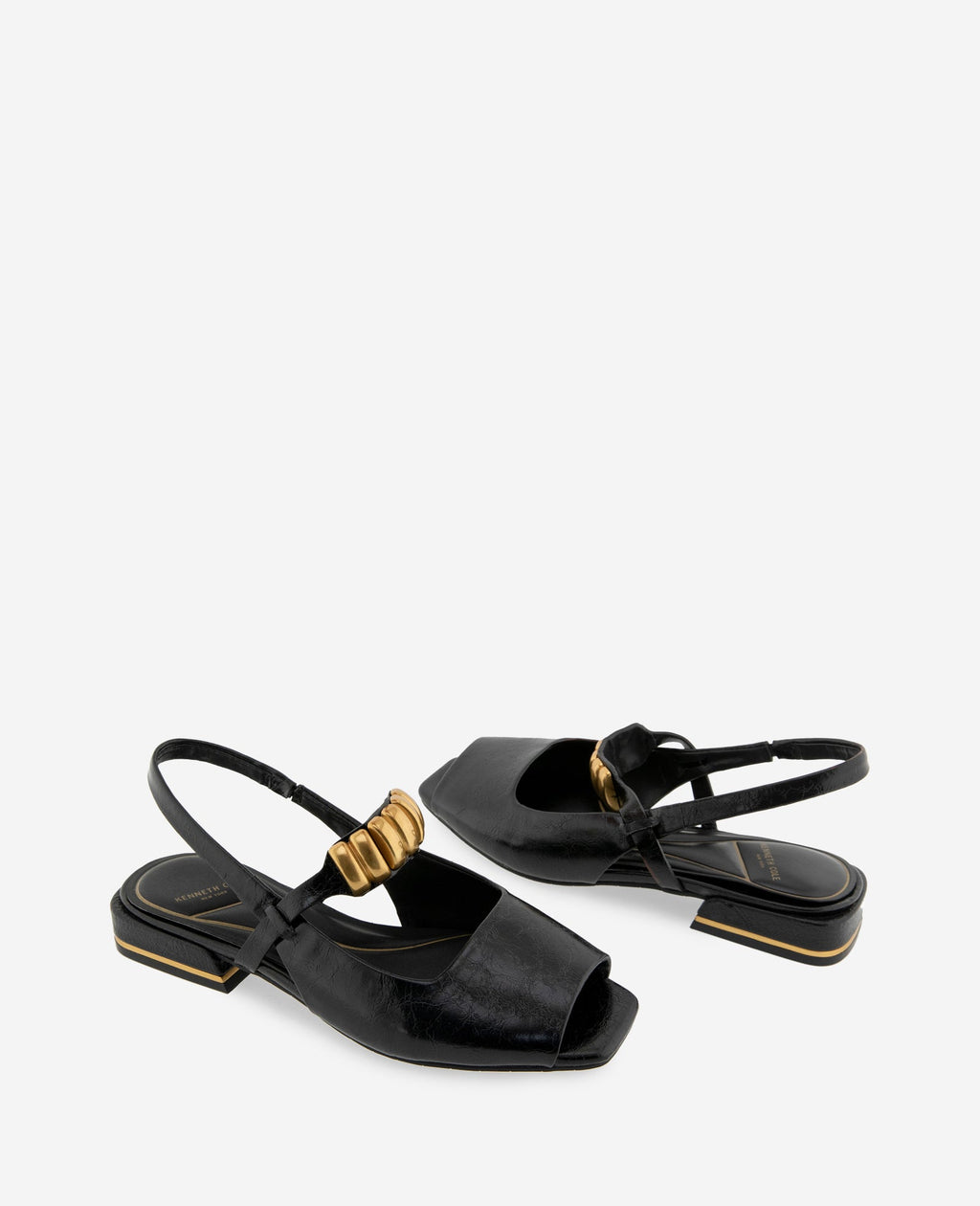 Kenneth Cole Illia Patent Open Toe Hardware Flat Slingbacks Black Patent