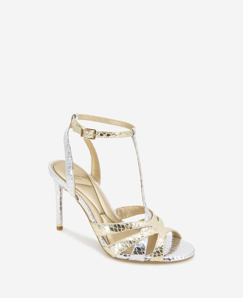 Kenneth Cole Liona Metallic Embossed Snake Heels Silver/Gold Metallic