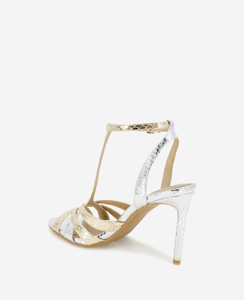 Kenneth Cole Liona Metallic Embossed Snake Heels Silver/Gold Metallic