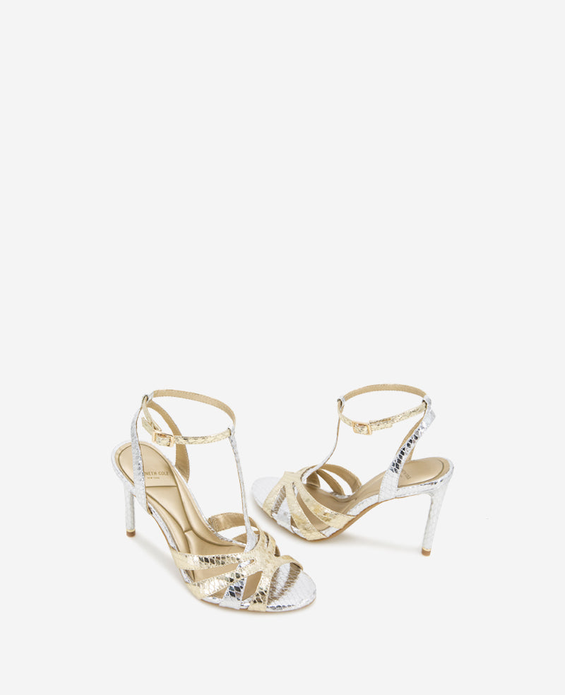 Kenneth Cole Liona Metallic Embossed Snake Heels Silver/Gold Metallic