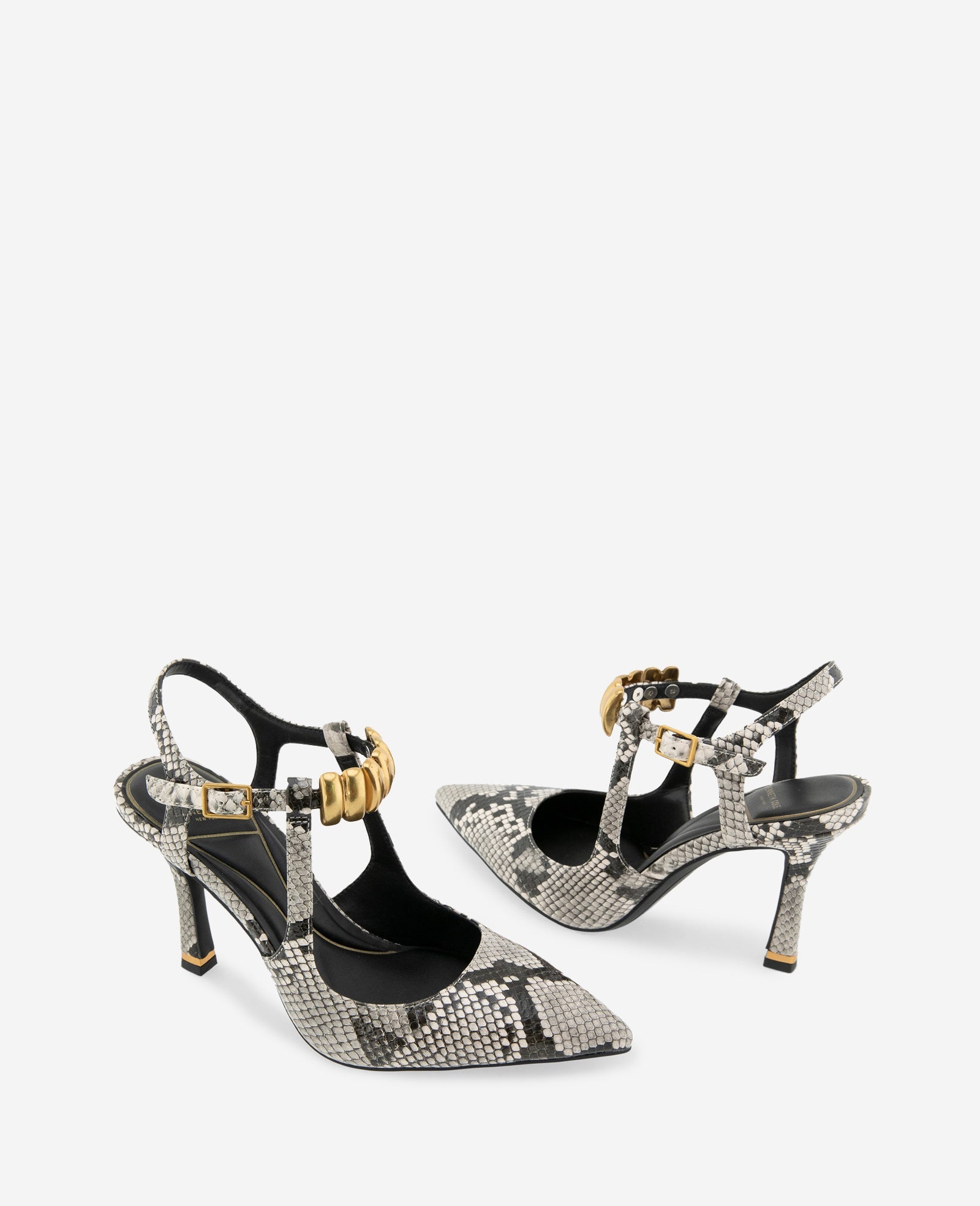 Kenneth Cole Romi Snake Print Hardware Ankle Slingback Heels Black/White Snake