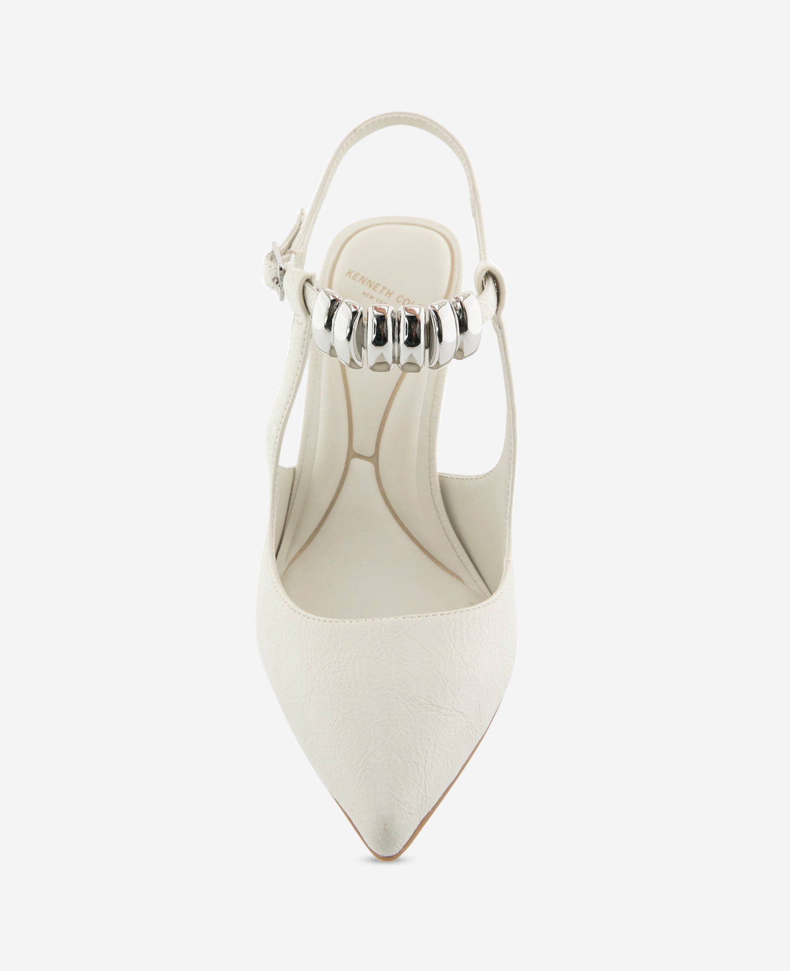 Kenneth Cole Romi Patent Hardware Ankle Slingback Heels Ecru Patent