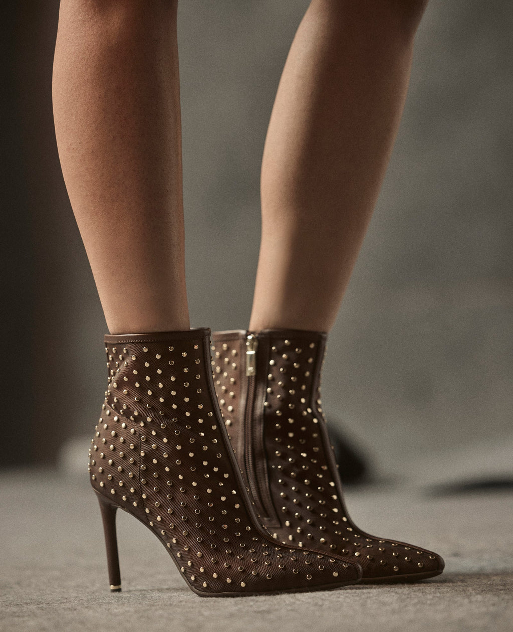 Kenneth Cole Quincy Mesh Micro Stud Heel Ankle Booties Brown Mesh
